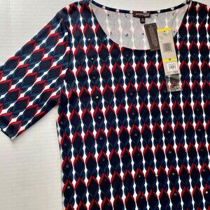 Anne Klein New York Silk Print Short Sleeve Stretch Top Size M Red Blue Sequins